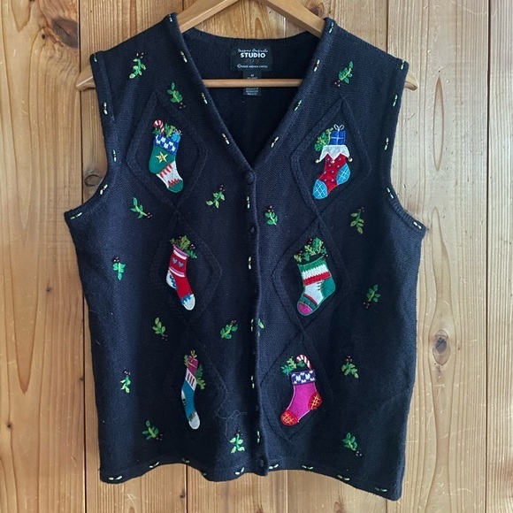 Vintage Sweaters - Holiday Christmas Embroidered Cardigan Sweater Vest Holy Stockings